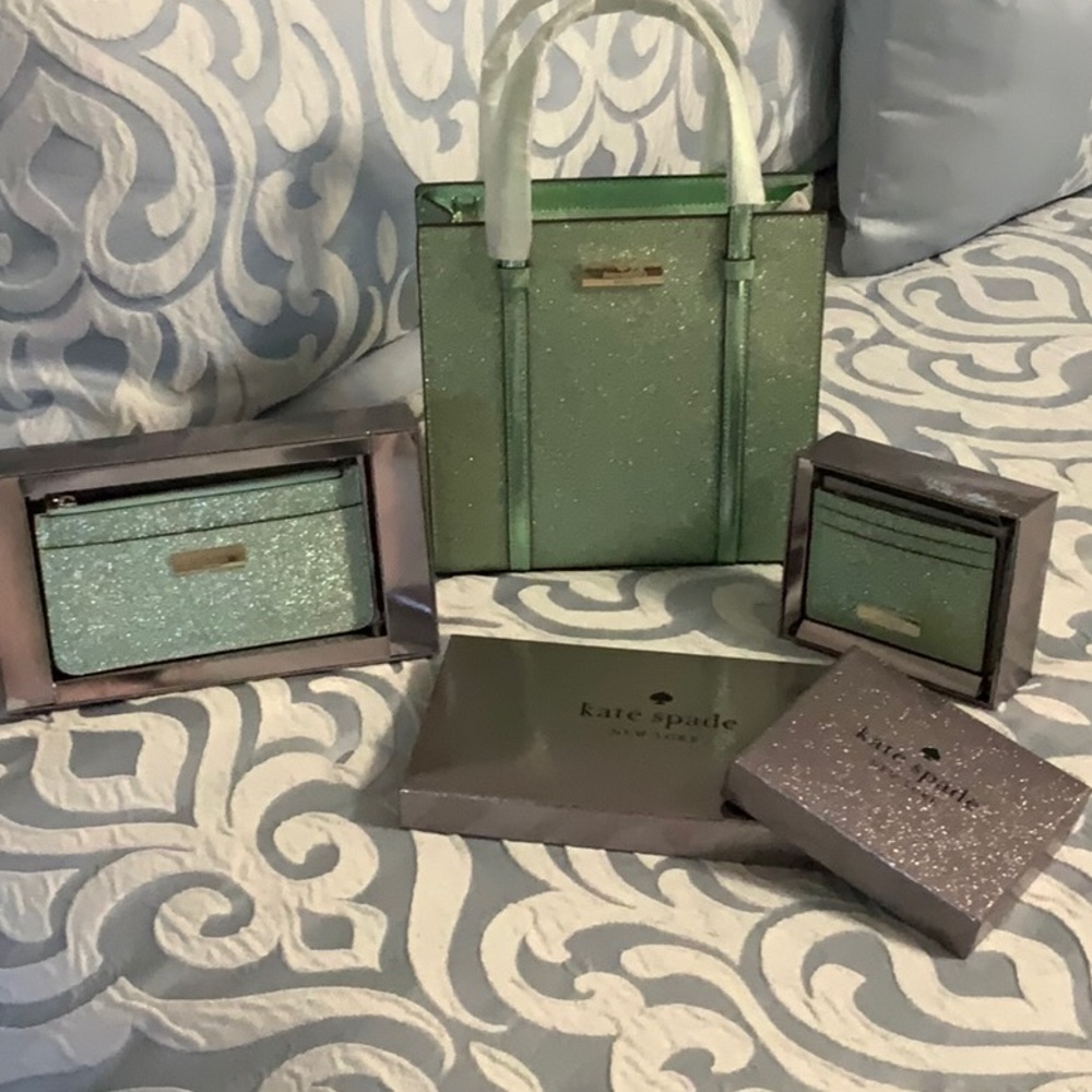 Kate Spade NWT Mini Tote Green Gold Glitter Bag, Wallet, Card Case Retail$580 - Picture 3 of 14